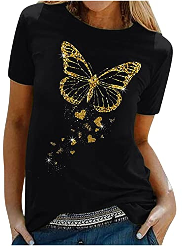 Tshirt Damen Oberteile mit Gold Schmetterlings Print Rundhals Kurzarm Bluse Lässige Tees Pullover Frühlings Herbst Basic Shirt All Match Tunika Tops Geschenk für Teenager Mädchen Pulli Streetwear