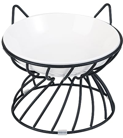 AHX Raised Ceramic Cat Food Bowl - Elevated Cat Dish with Anti Slip Stand - Wide Shallow Cat Bowl Whisker Friendly - White Cat Plate - Cat Feeding Bowls -8.5 oz - 5.75 inch