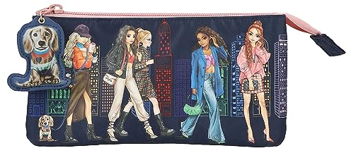 Depesche 12562 TOPModel City Girls - Fächerschlamper mit 3 Reißverschlussfächern, Federmäppchen mit Skyline Motiv und niedlichem Hunde Anhänger
