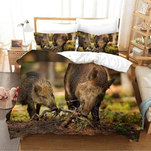 BettwäSche 140x200 Graues Wildschwein Bettwäsche-Sets 3er Set mit 2 Kissenbezüge 80x80 cm Bettbezug 140 x 200 aus Mikrofaser mit Reißverschluss Schließung Weich für Kinder Erwachsene