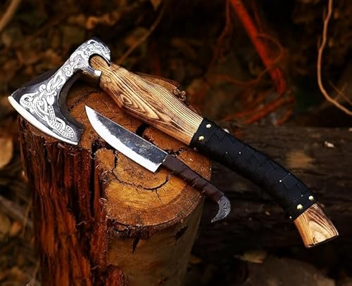 CraftTal Wikinger-Axt-handgefertigtes 2 in 1 Axt und Rabenkopf-Messer. 48cm Griff aus Eschenholz. 1095 Kohlenstoffstahl scharfe Klinge mit Lederscheide (Schwarz Axt mit Messer)
