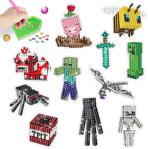5D DIY Diamant Aufkleber Kit, 11 Stück Cartoon Diamanten Mosaik Aufkleber, 5D Painting Sticker Kits, DIY Diamant Painting Kit für Kinder und Erwachsene Anfänger