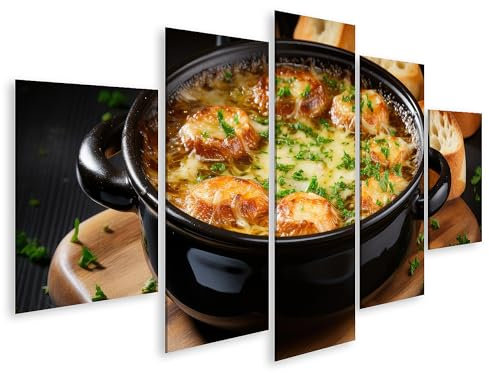 islandburner Bild auf Leinwand Traditionelle Französische Zwiebelsuppe Schwarzer Teller Käsekrustenbr Bilder Wandbilder Poster