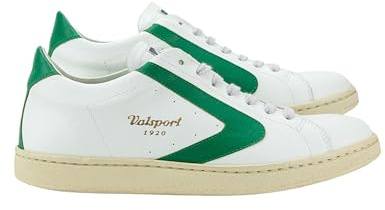 Valsport 1920 - Sneakers Uomo in Pelle Bianca. Produzione Artigianale Italiana. Tennis Heritage con Baffo Verde.