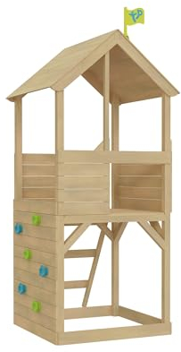 TP Toys - Treehouse Wooden Play Tower, With Panel Kit, Balcony, Wavy Slide With Slide Lock & Swing Arm. Two-storey Wooden Playhouse, Lookout Deck, Made From FSC Certified Wood - Age 3 Years+