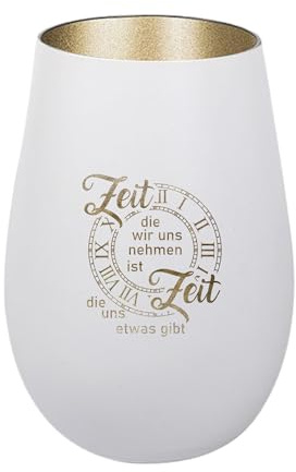 Der-Porzellan-Laden Windlicht mit Gravur Zeit die wir Uns nehmen Weiß Gold | Teelichthalter aus Glas mit Spruch Tischdeko modern