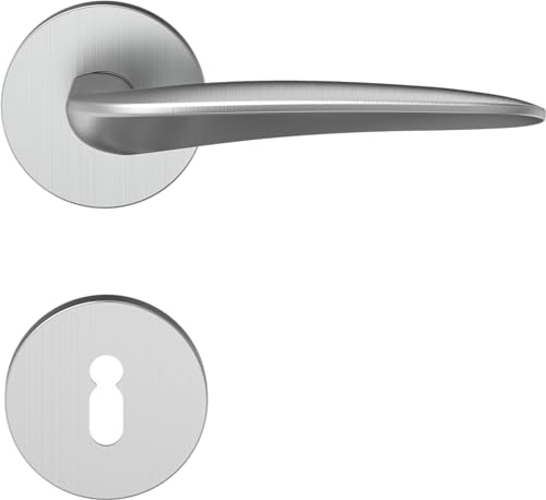 Türgriff Drückergarnitur Wing, Edelstahl, Türbeschlag für Wohnungseingangstüren beidseitig Drücker, Rund-Rosette, L-Form, BB - Buntbart