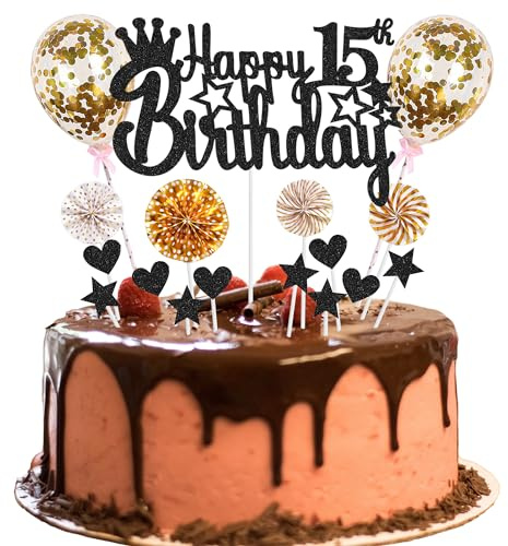 Tortendeko 15. Geburtstag - Happy 15th Birthday Deko für Junge und Mädchen - Kuchendeko Schwarz Golden - Hello 15 Glitter Cake Topper