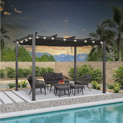 PURPLE LEAF Pergola 3 x 3.65 m Wasserdicht Stabil Winterfest, Gartenpavillon Grau mit Sonnenschutz Überdachung Außen Wetterfest mit 12 LED Solar Lichterkette