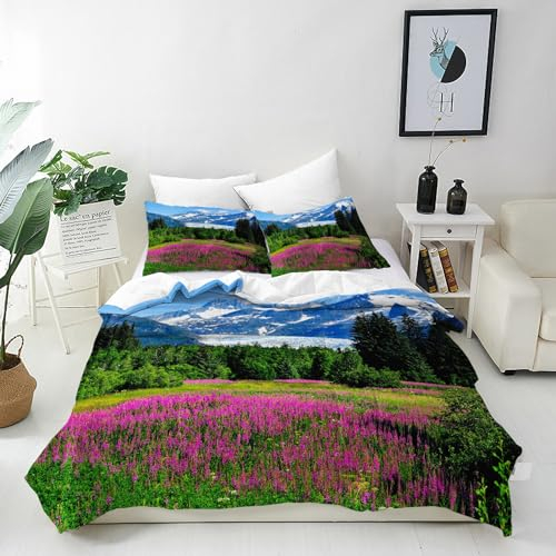 ANHOPE Natur Schnee Berg Wald Blume Bettwäsche Set 2 Teilig Weich Bettbezug 135x200 cm & Kissenbezug 80x80 cm Microfaser Bettbezüge Set mit Reißverschluss Ganzjahres Bettdeckenbezug Set