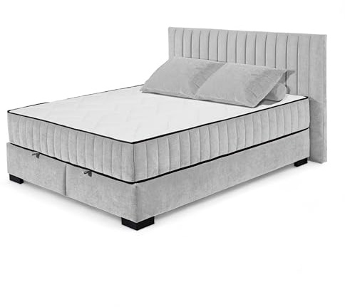 Stella Trading NAGOL C Boxbett 160x200, Silber - Bequemes Doppelbett mit Bettkasten und Premium 9-Zonen-Federkern Wendematratze - 185 x 114 x 214 cm (B/H/T)