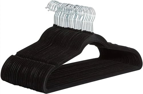 AEROLUGG Black Velvet Hangers 50 Pack-Non-Slip Clothes Coat hangers with Tie Bar and 360 Degree Hook for Home Storage Durable, Space Saver hanger for Wardrobe Organisers for Suits, Jackets - Black