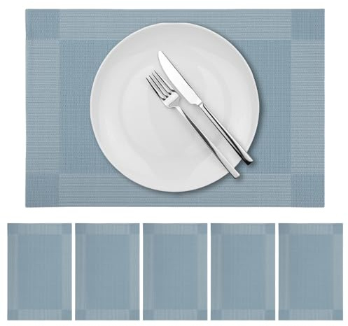 Place Mats for Table Woven Placemats Table Mats Set of 6 Dual Side Washable Heat Resistant Placemat for Kitchen Dining Home Restaurant Rectangular Wipe Clean Waterproof 30x45cm (Blue)