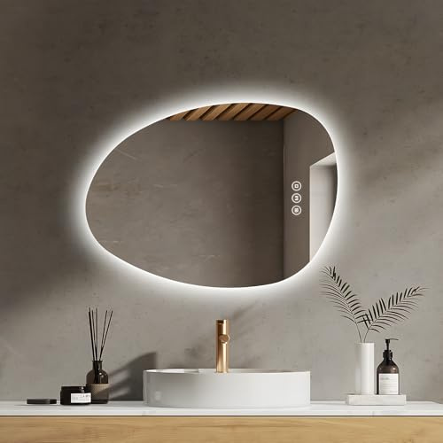 EMKE Badezimmerspiegel mit Beleuchtung Asymmetrischer LED Spiegel 75 x 55 cm Touch-Schalter, 3 Lichtfarben Dimmbar, Beschlagfrei Badspiegel mit Beleuchtung IP44