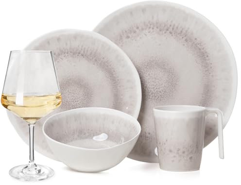 Melamin Camping Geschirr Set 4 Personen Amboss Design 16 Teilig + 4 Milano Weiß Weingläser Tafelgeschirr Picknick BBQ Kochgeschirr