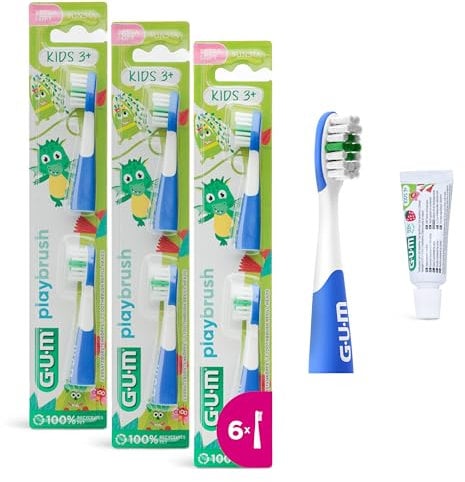 GUM Playbrush KIDS 3+ Bürstenköpfe | Kompatibel mit GUM Playbrush elektrischer Zahnbürste | Extra weich | Extra kleiner Bürstenkopf | 3x2 Bürstenköpfe | 1x GUM KIDS Zahnpasta-Probe | Blau