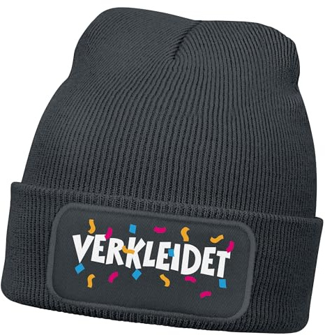 MoonWorks® Herren Beanie Patch Strickmütze mit Spruch Aufdruck Fasching Karneval Lustig Mütze Männer Dunkelgrau Unisize