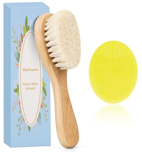 MolYuan Brosse cheveux bebe, à cheveux Poils de chèvre doux Premium Brosse à bébé en bois pour Cradle Cap, garçons et filles, pour enfant et nouveau-né, Jaune Brosse de chapeau de berceau