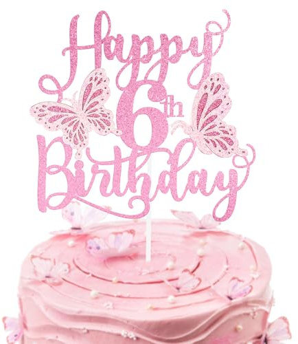 Personalised Pink 3D Butterfly Happy 6th Birthday Glitter Cake Toppers,Pink Butterfly Theme Cake Toppers for Cake Decorations Girls 6 Years Old Birthday Party Keepsakes