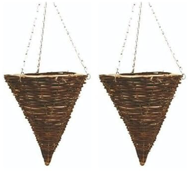 shopior Wicker Basket Planters – Natural Rattan Willow Hanging Flower Pots with Polythene Liner & Metal Chain – Large Decorative Cone Shaped Hanging Planters for Indoor & Outdoor - 30cm,12 (Pack 2)