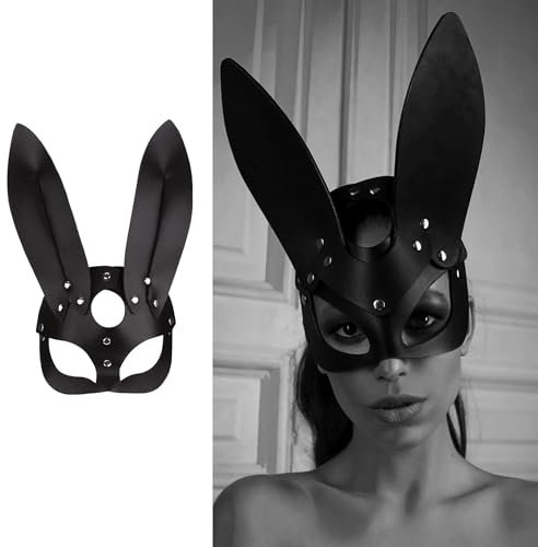 Joyincoser Katze Maske Damen Sexy Venezianische Halbmaske Fasching Augenmaske Halbgesichtsmaske Schwarze PU Leder Bunny Kostüm Maske für Halloween Karneval Party Christmas (A)