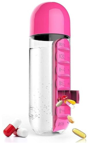 2 in 1 Portable Water Bottle with Pill Box Organizer 7 Days Planner Box Travel Medication Cases Containers，600 ML Detachable Water Bottle (Pink)