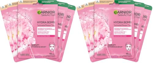 Garnier Tuchmaskenset Sakura fürs Gesicht bei fahler Haut, Feuchtigkeit und Glow, Mit Hyaluronsäure und Sakura, SkinActive, Hydra Bomb Sakura, 5x 28g (Packung mit 2)