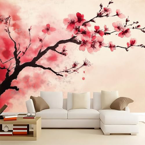 WHUOEUCO Papier Peint Murale 3D Peinture À L'Encre Rose De Fleurs 400x280 cm Papier Peint Panoramique Intissé Décoration Tapisserie Murale Moderne, pour Chambre Salon Mur de Fond TV