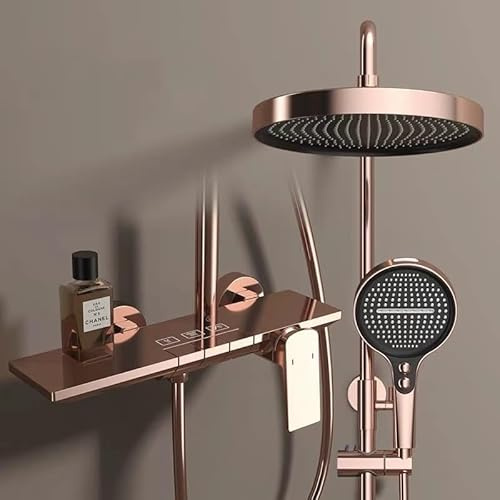 Duschsystem Regendusche mit Armatur, Höhenverstellbar Duscharmatur Komplettset mit 32.5cm Kopfbrause, 4-Strahl Handbrause Duschset inkl Brausestange und Schlauch(Rose Gold)