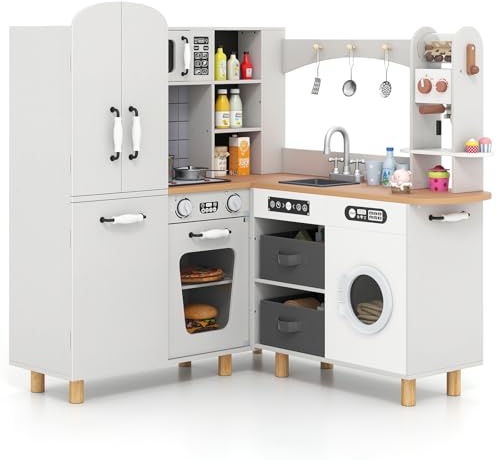 COSTWAY Cocina Juguete con Luz y Sonido, Cocina Infantil con Refrigerador, Cafetera, Lavadora, Horno, Cajas de Almcenamiento y 12 Accesorios, Cocinita de Madera Infantil para Niños de 3+ Años (Gris)