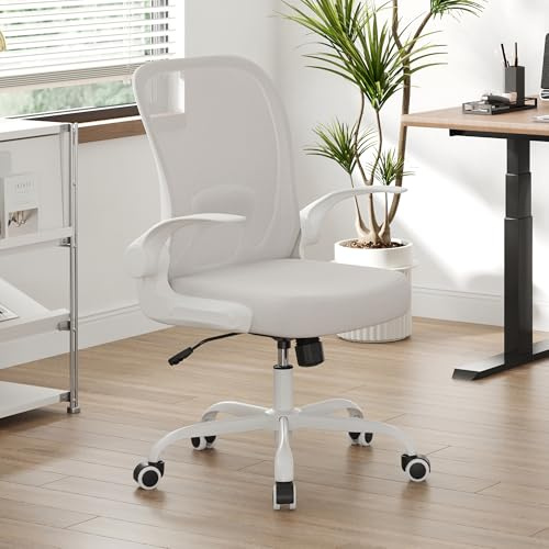 Farini Ergonomic Office Chair, Comfy Swivel Desk Chair with Lumbar Support, Adjustable Height and 90° Flip-Up Arms, Breathable Mesh Back for Home and Office, White