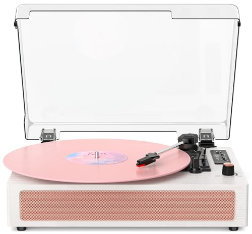 VINYLS LINK Tocadiscos de vinilo con altavoces, tocadiscos Bluetooth con modo ecualizador y pantalla LED, tocadiscos vintage rosa, tocadiscos de 3 velocidades para discos de vinilo, grabación USB