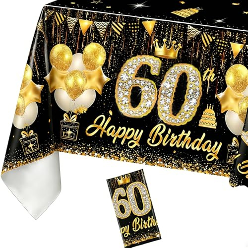 Schwarz Gold 60Geburtstag Tischdecke,220x130cm,Happy 60thBirthdayTischdecke | Alles Gute zum Geburtstag 60.Tischdecke,Deko 60. Geburtstag,Tisch Deko für Party Dekoration