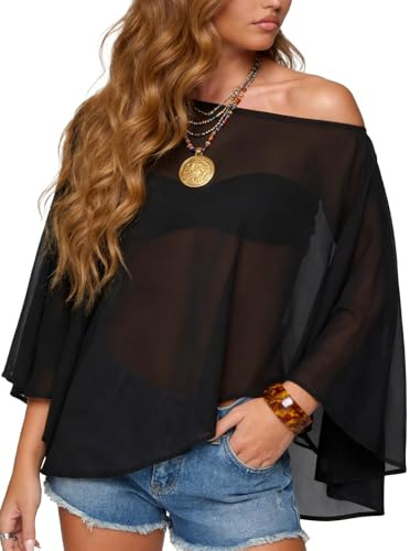 HAWILAND Chiffon Poncho Damen Sexy Off Shoulder Mesh Oberteil Elegant Transparent Sheer Stola Festival Rave Party Schwarz S