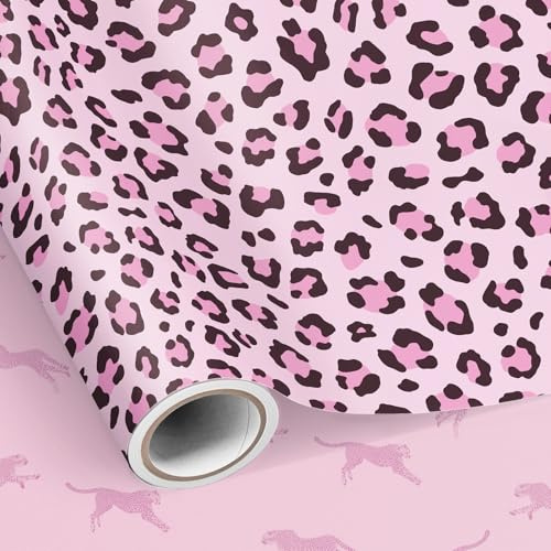 Neloheac Rosa Leopardenmuster Geschenkpapier, Wendbare Gepard Design Geschenkpapierrolle 43 cm x 10 m für Frauen Geburtstag, Hochzeit, Valentinstag, Brautparty