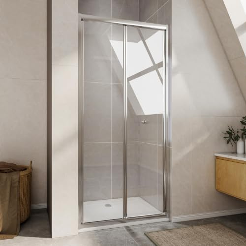 700mm Reversible Bi-Fold Shower Enclosure Cubicles, 5mm Safety Glass Screen, Easy Clean & Space Saving, Inward Opening for Wet Rooms/Bath Cubicles(Chrome)