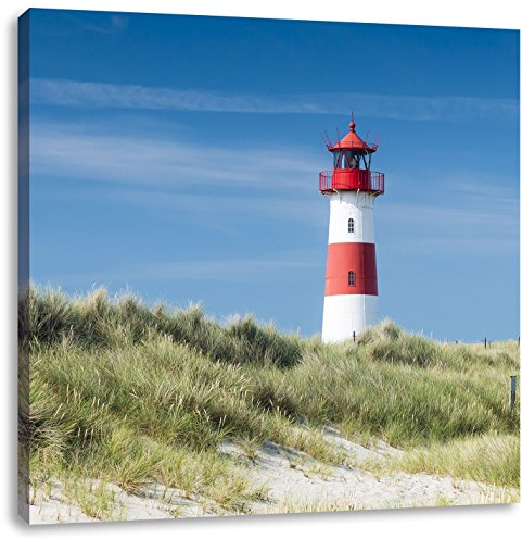 Pixxprint Leuchtturm hinter Dünen, Größe: 60x60, Leinwandbild Quadratisch, Wandbild, Kunstdruck, fertig bespannt