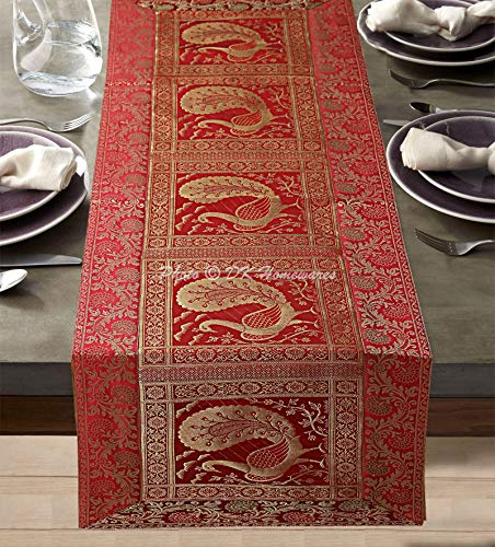 DK Homewares Zuhause Dekorativ Indisches Traditionelleses Rot Tischläufer Brokat 60 X 16 Zoll Jacquard Pfau Blumen- 5 Ft Satin Stoff ESS-Herzstück (150 X 40 cm/Rot Gold)