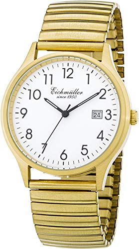 Eichmüller Klassische Herren-Armbanduhr aus Edelstahl 38 mm Echtleder/Metallarmband 5 ATM Quarz Tag und Datum, Weißgold/Mattes Flexband, mit Datum, Armband