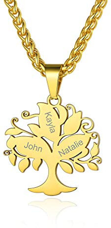 Custom4U Collier Personnalisé 3 Prénoms, Pendentif Arbre de Vie Plaqué Or en Acier Inoxydable,Bijoux Gravé Noms de Famille,Enfants,Chaine Ajustable 55+5 cm,Cadeau Anniversaire Femme Maman,Grand Mère
