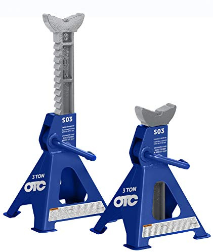 OTC S03 3-Ton Jack Stands - 3-Ton Capacity; 17-11/16 Max. Height; 12 Min. Height; 8-1/4 x 7-1/2 Footprint Square Base; 11 Tooth Ratcheting Adjustment; 1 x 3-1/2 V-Notch Saddle - Pair