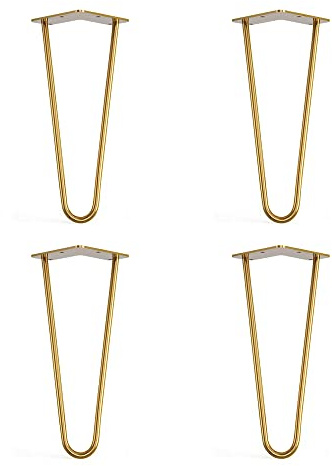 Lot de 4 pieds en épingle à cheveux avec pieds de protection de sol et vis - 30 cm (2 tiges) / 10 mm, laiton doré