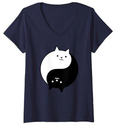 Mujer Yin Yang Gato Yoga Zen Gato Blanco y Negro Camiseta Cuello V