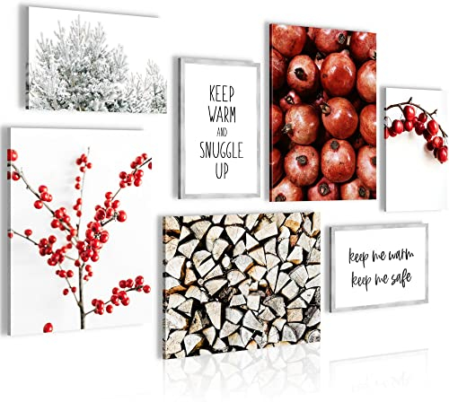 Novart Wandbilder Winter Pflanzen - KOMPLETT AUFHÄNGFERTIG - Weiss Rot Wohnzimmer Schlafzimmer - 7 Moderne Mood-Bilder - N020571a