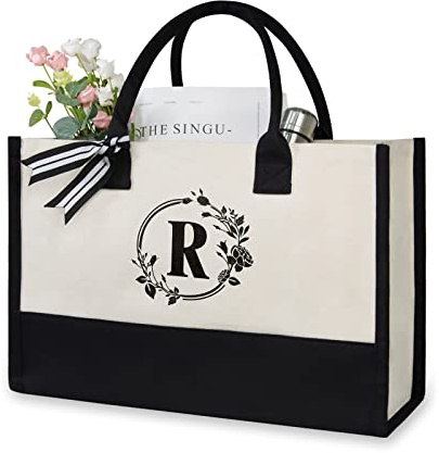 TOPDesign Personalisierte Strandtasche aus Jute/Segeltuch, Monogrammierte Geschenktasche für Damen, Schwarz und Weiß, 17 x 11.8 x 7.8
