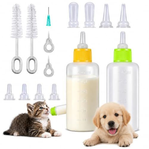 16 Pieces Pet Feeding Bottle Kit Kitten Bottles Kitten Milk Replacer Puppy Milk Feeder with Replacement Nipples Puppy Feeding Bottles for Newborn Small Animals Nursing Supplies (Yellow, Green)