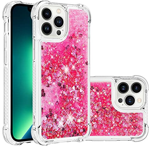 IMEIKONST Compatible with iPhone 13 Pro Max Glitter Case, Liquid Sparkle Quicksand Clear Transparent Sequin Slim Girls Soft TPU Bumper Silicone Shockproof Cover for iPhone 13 Pro Max. Love Pink YBW