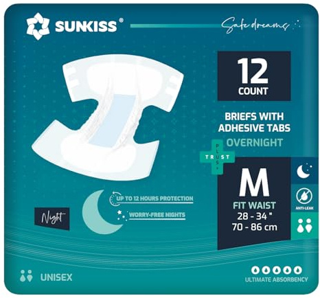 SUNKISS Overnight Adult Nappies, High Absorbency, Medium, 48 Count (4×12) | Adult Diapers for Men and Women, Long-Lasting Dryness, Odor Control