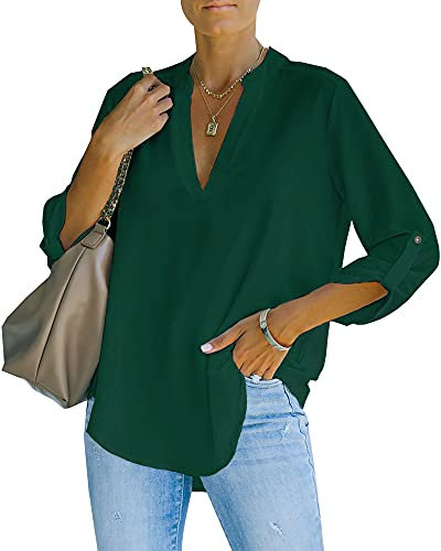 NONSAR Chemisier élégant à col en V pour femme Henley Chemisier ample à manches enroulables, vert foncé, XL