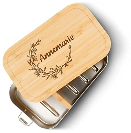 GRAVURZEILE Brotdose aus Weißblech mit graviertem Bambusdeckel - Lunchbox mit Floral Name Motiv - Personalisiert mit Name - Nachhaltiges Geschenk zum Schulanfang - Größe: Klein
